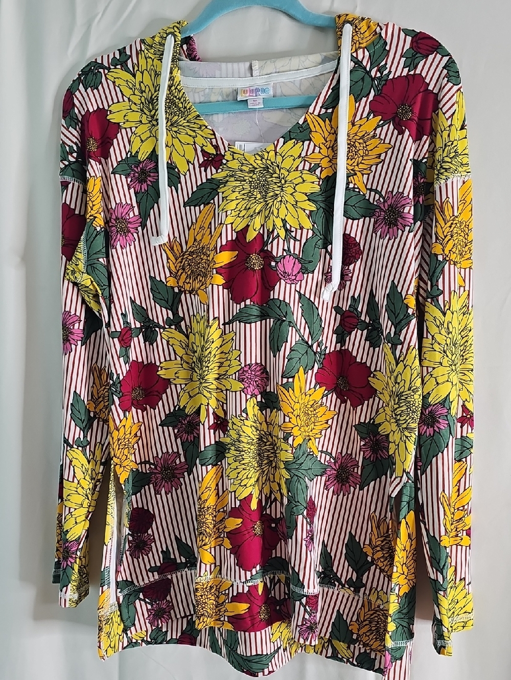 LuLaRoe Eliza Floral Stripe V-Neck Hoodie - Yellow, Pink & Green